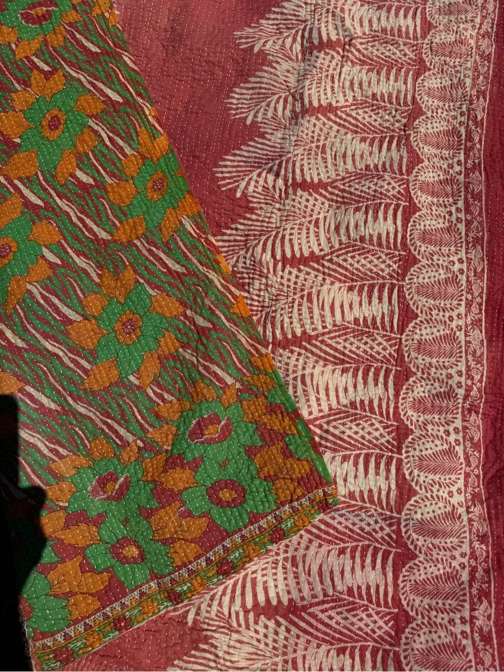 Colorful Vintage Kantha Quilt Throw - Coral, Green, Navy